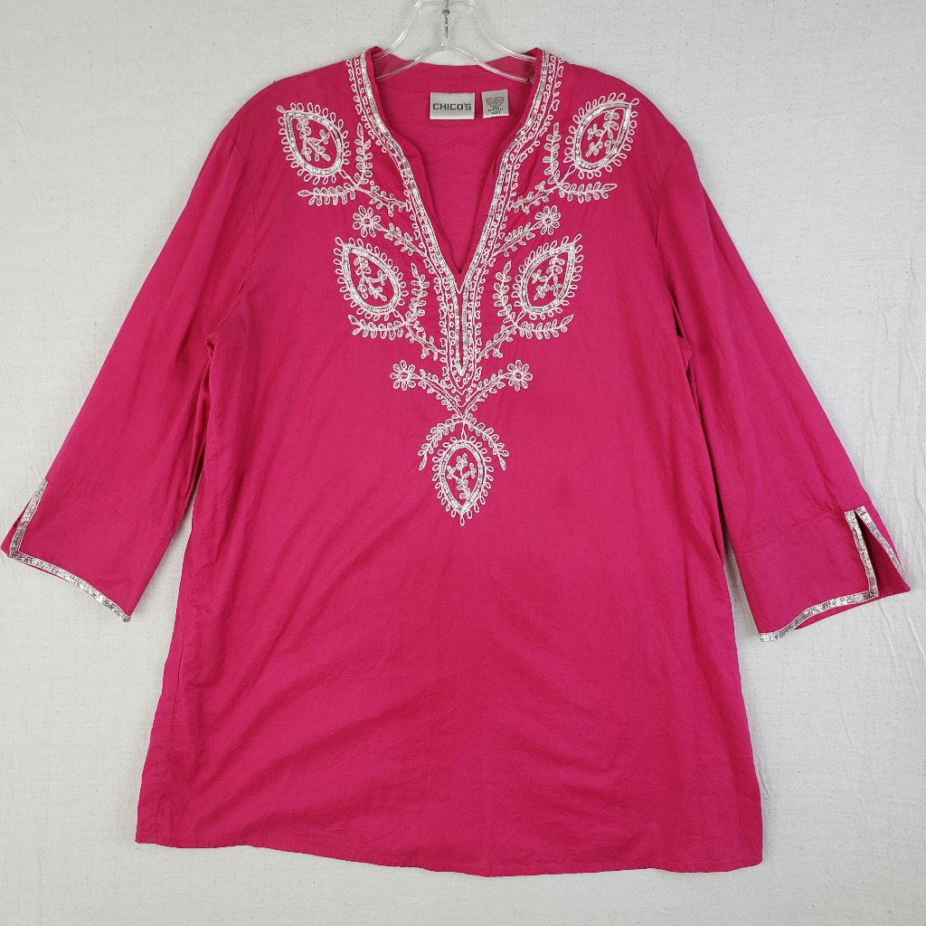 Chico's Tunic Top Embroidered Ethnic Boho Sequins Cotton Pink Size L Resortwear